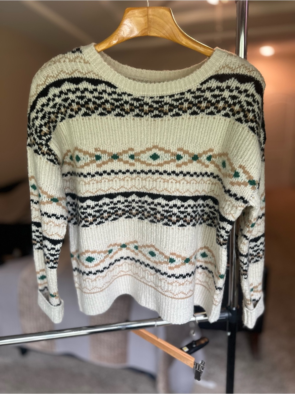 Natural Reflections Womens Large Fair Isle Sweater Cream Black Green